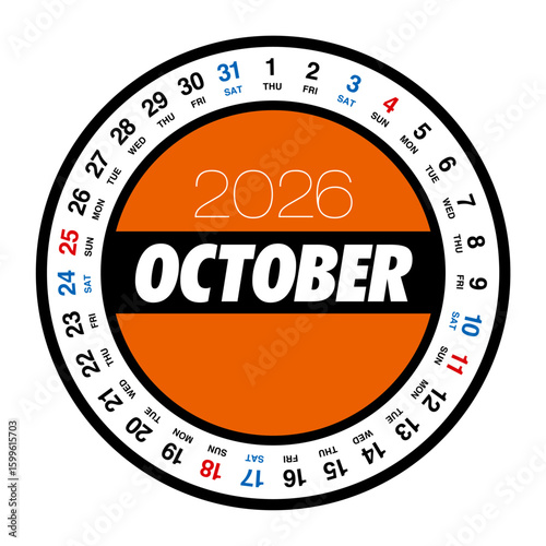 2026年10月の円形カレンダー 日本の祝日表記はありません