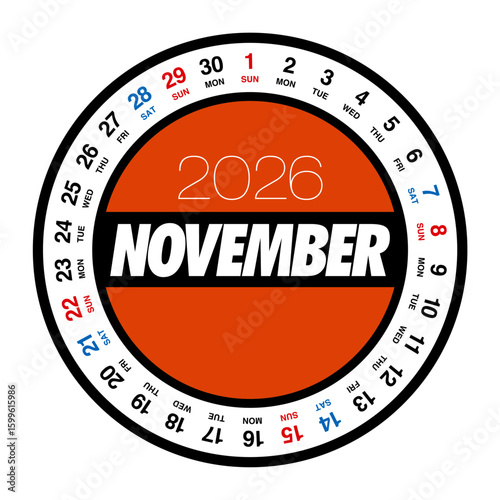 2026年11月の円形カレンダー 日本の祝日表記はありません