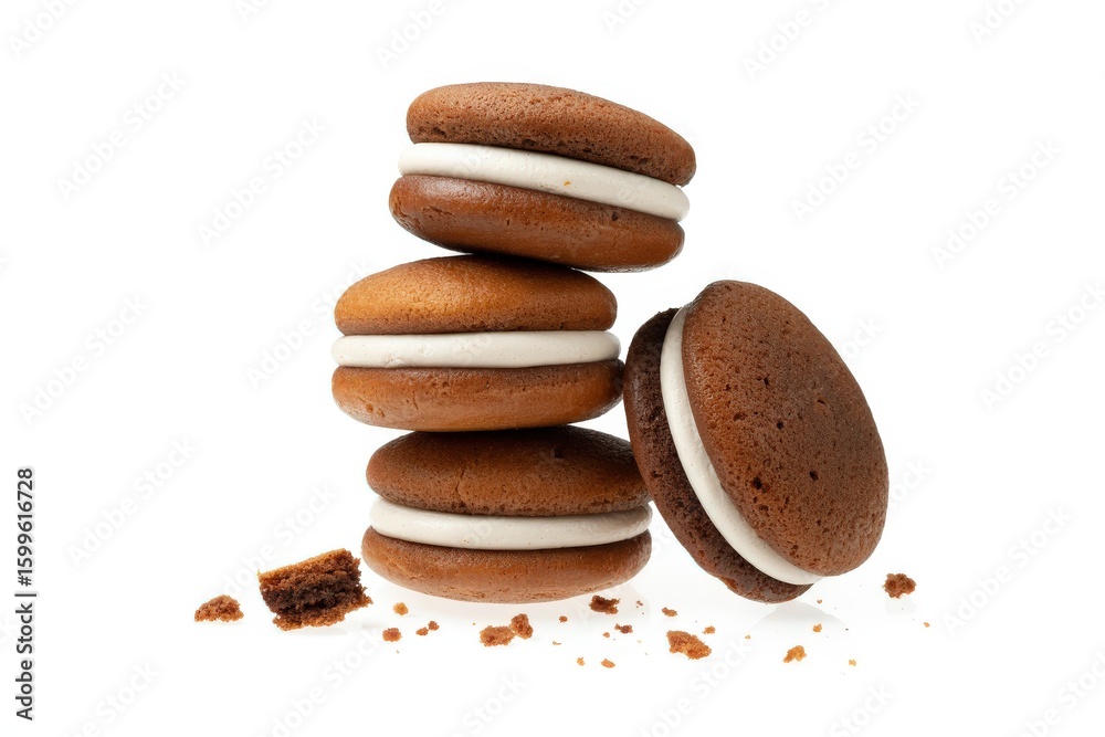 Decadent chocolate whoopie pies stacked high with creamy white filling and crumbs Decadent chocolate whoopie pies stacked high with creamy white filling and crumbs
