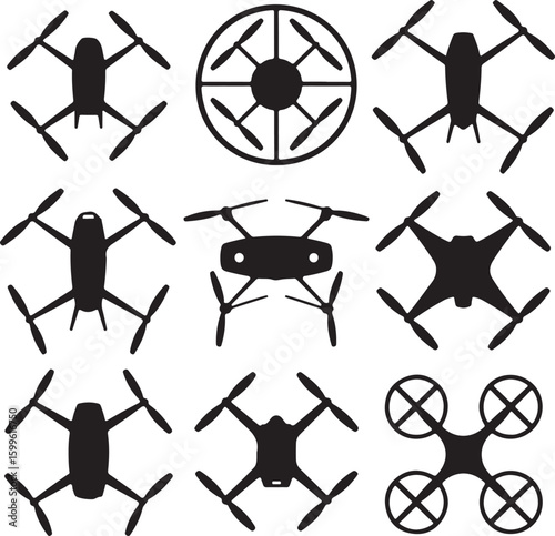 Drone silhouettes various designs quadcopter aerial vehicle