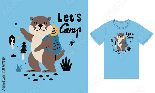 Cute otter camp illustration with tshirt design premium vector
