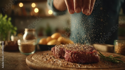 Seasoned steak being sprinkled with salt and pepper.