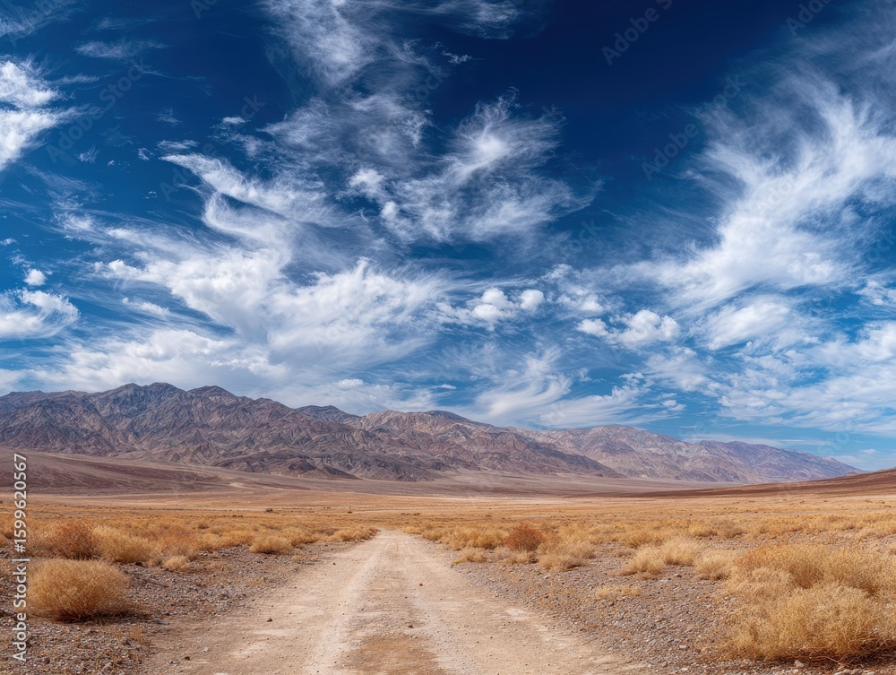 Naklejka premium Dusty road, desert mountains, dramatic sky