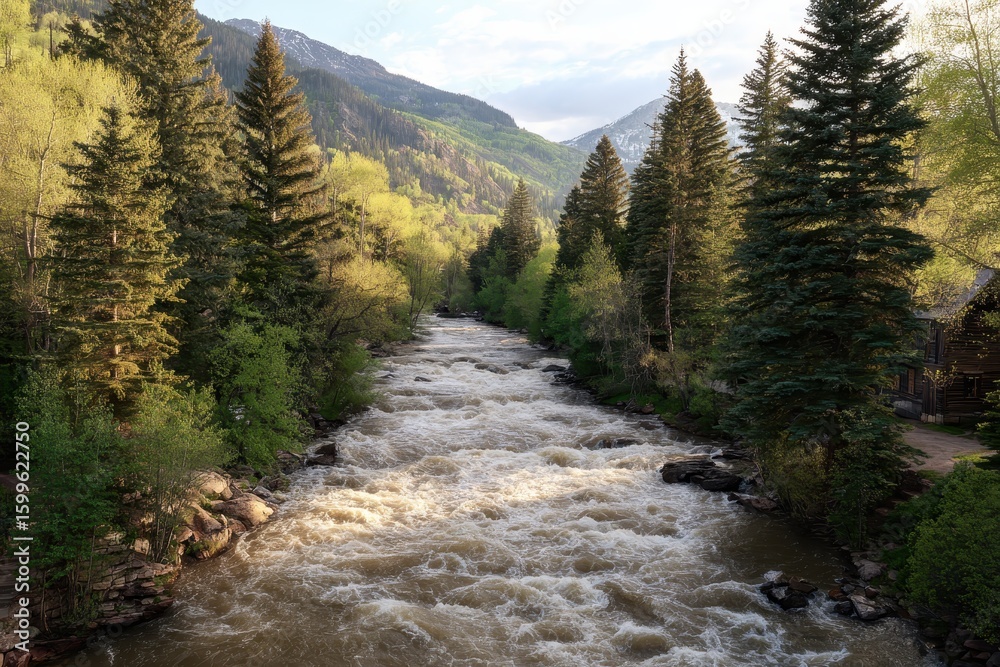Obraz premium Mountain river flows through lush valley