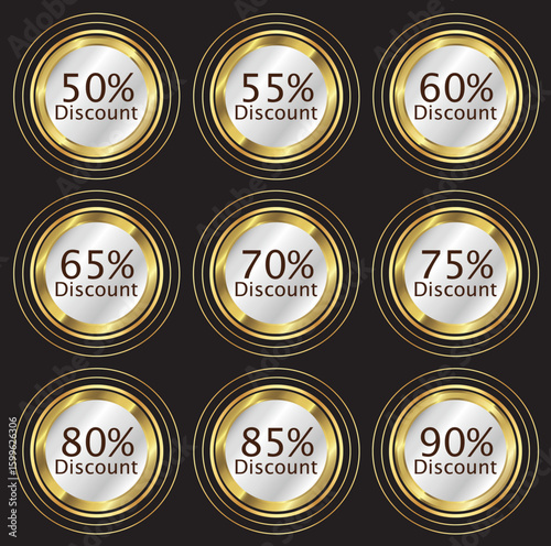 Elegant golden circular badges displaying various high-percentage discounts on a dark background.