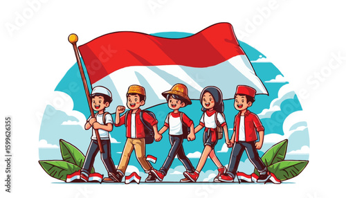 people with Indonesian flag cartoon vector illustration for dirgahayu kemerdekaan indonesia