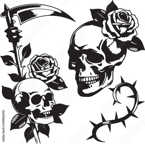 Grim reaper scythe skulls roses thorns vector