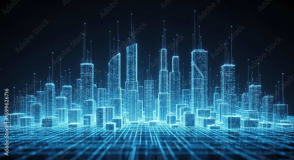Fototapeta premium Futuristic glowing neon cityscape with digital grid lines representing a connected smart city