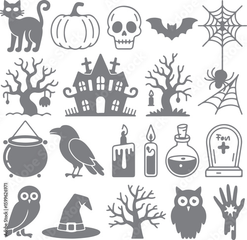 Halloween themed silhouette collection featuring spooky creatures and objects pumpkin