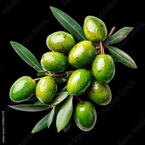 Wallpaper Mural Fresh green olives with leaves on a black background Torontodigital.ca