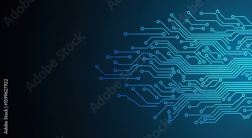 Abstract blue circuit board pattern with glowing lines on a dark background
