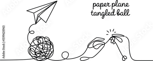 Black Line Drawing of Paper Airplane Tangled Ball and Hands