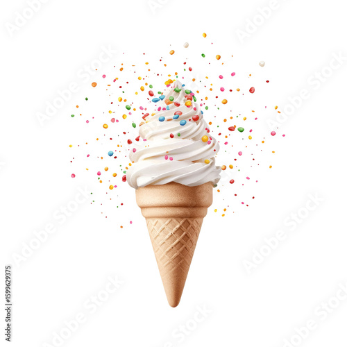 Delicious ice cream cone with colorful sprinkles
