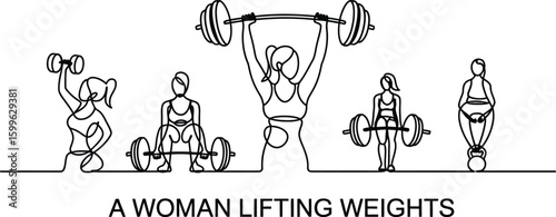 Women Lifting Weights in Continuous Line Art barbell