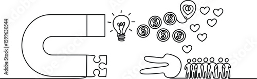 Magnet Attracting Ideas Money Hearts and People in Black Outline