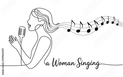 Woman Singing into Microphone with Musical Notes female