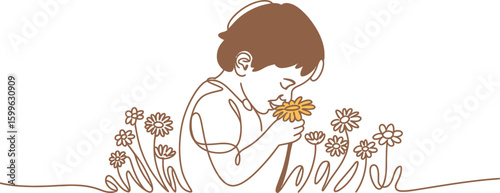 Boy Smelling a Yellow Flower in a Field of Brown Outline Flowers