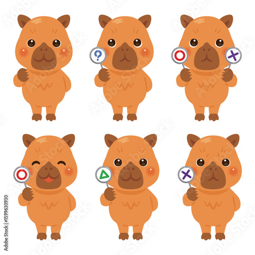 ○×△の札を持ったカピバラのキャラクターイラストセット