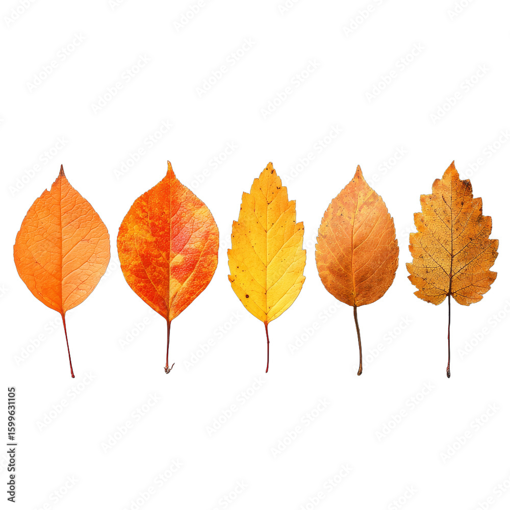 Fototapeta premium Colorful autumn leaves arranged in a line, showcasing vibrant oranges and yellows, perfect for seasonal themes and designs. Isolated on white background or PNG