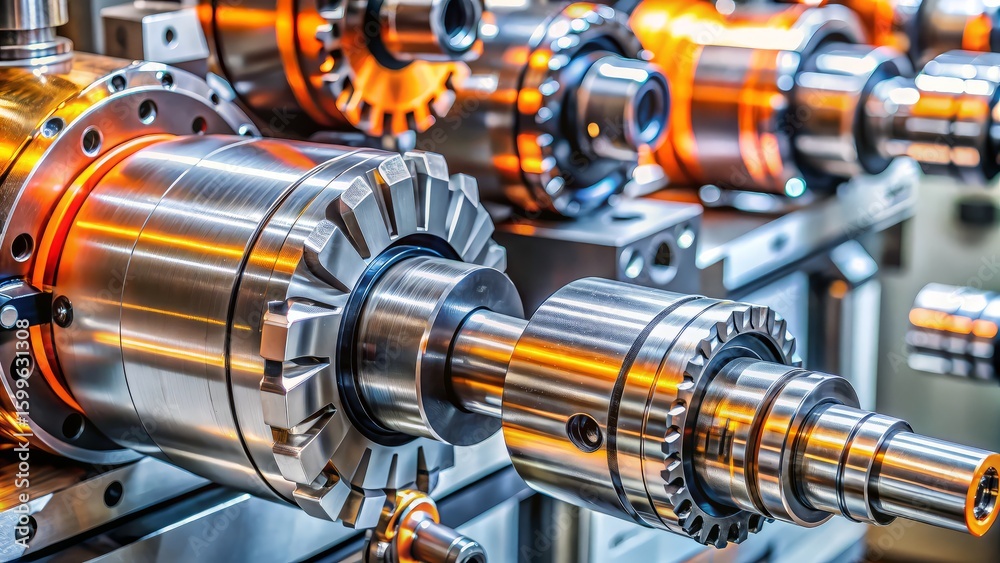 Fototapeta premium Close-up of industrial machinery parts with metallic textures in a warm factory environment. 32k Details Resolution