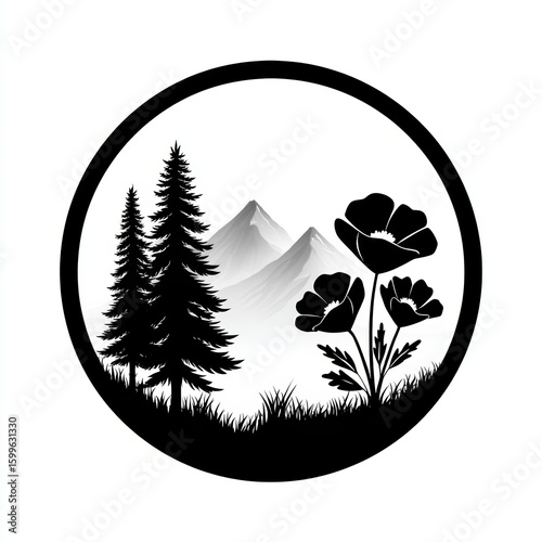 A black and white circular illustration featuring pine trees and wildflowers in the foreground, with tall grass and mountains in the background.