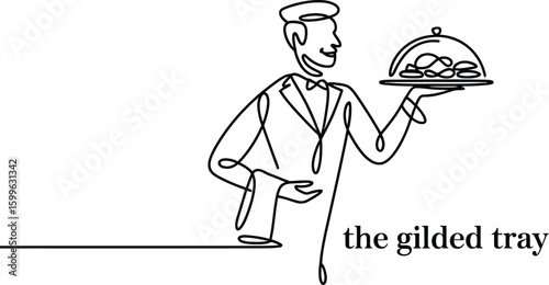 Line drawing of waiter holding a tray with food server