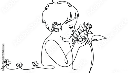 Child smelling a sunflower continuous line drawing on white background