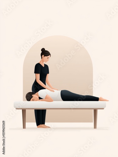 A minimalist illustration of a massage therapist giving a massage to a person lying face down on a massage table in a calm, softly colored room.