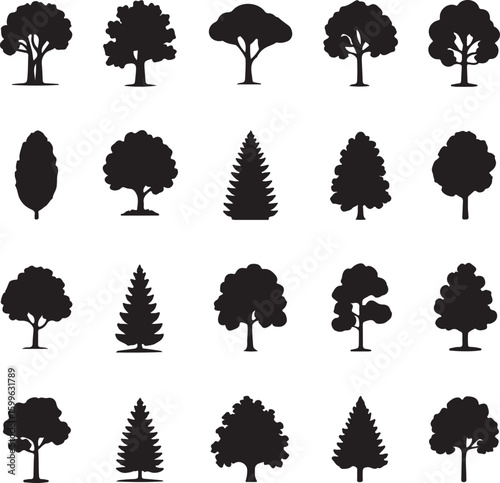 Diverse tree silhouettes including deciduous and coniferous shapes nature