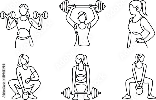 Women's Fitness Workout Line Art Illustrations with Dumbbells Barbells and Kettlebells