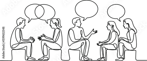 Line Drawing of People in Conversation with Speech Bubbles 1