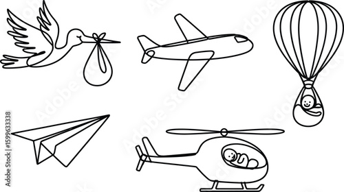 Black Line Art Stork Airplane Helicopter Hot Air Balloon Paper Airplane Baby Delivery