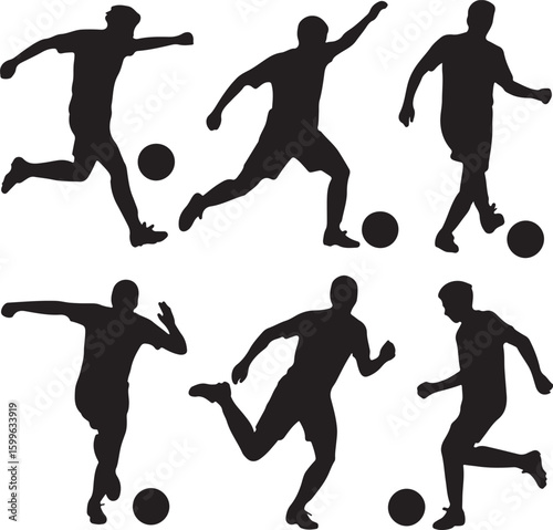 Soccer players kicking balls dynamic action poses football