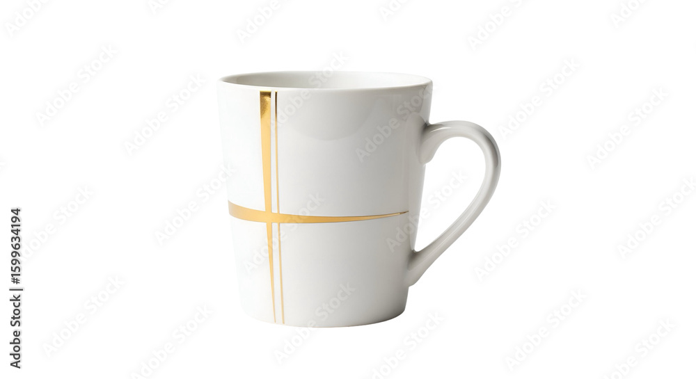 Obraz premium White Coffee Mug with Gold Stripes Sits Isolated on Transparent Background Elegantly