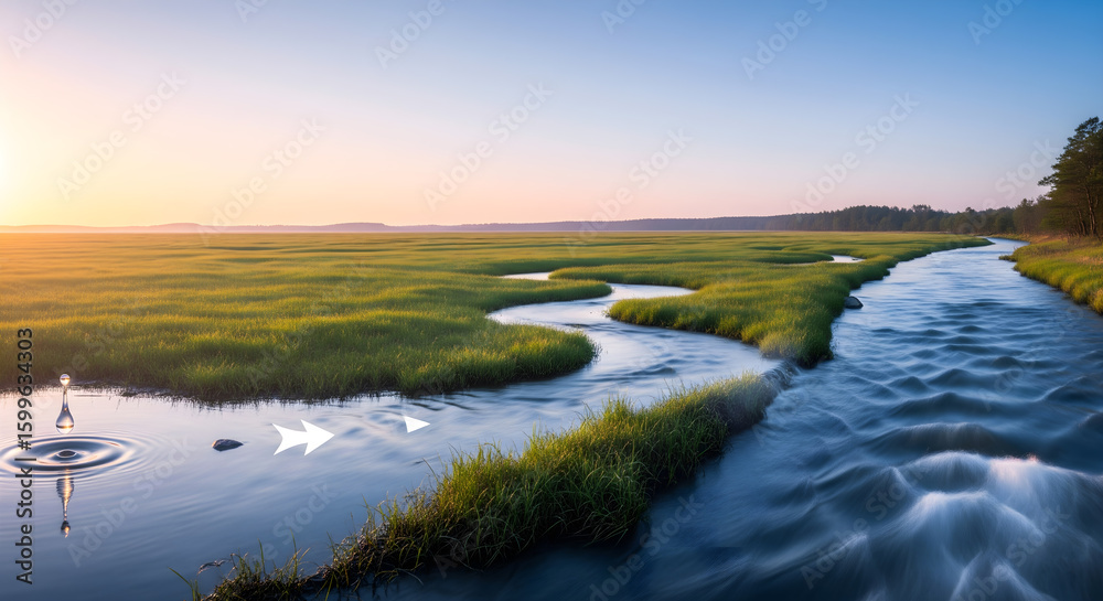 Fototapeta premium Panoramic Visual Metaphor for Scaling and Growth: A Single Water Drop Expanding into a Powerful, Wide River