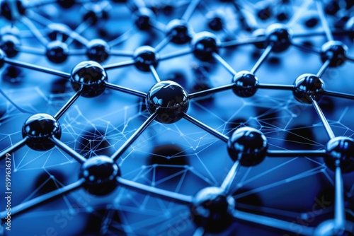 Abstract representation of molecular structure with interconnected atoms and bonds in deep blue tones
