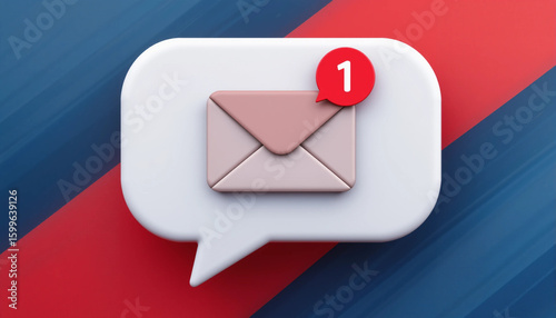 3D Email Notification Icon with New Message Alert in Speech Bubble on Red and Blue Background.