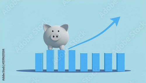 3D Piggy Bank on Bar Chart with Rising Arrow Representing Financial Growth and Savings