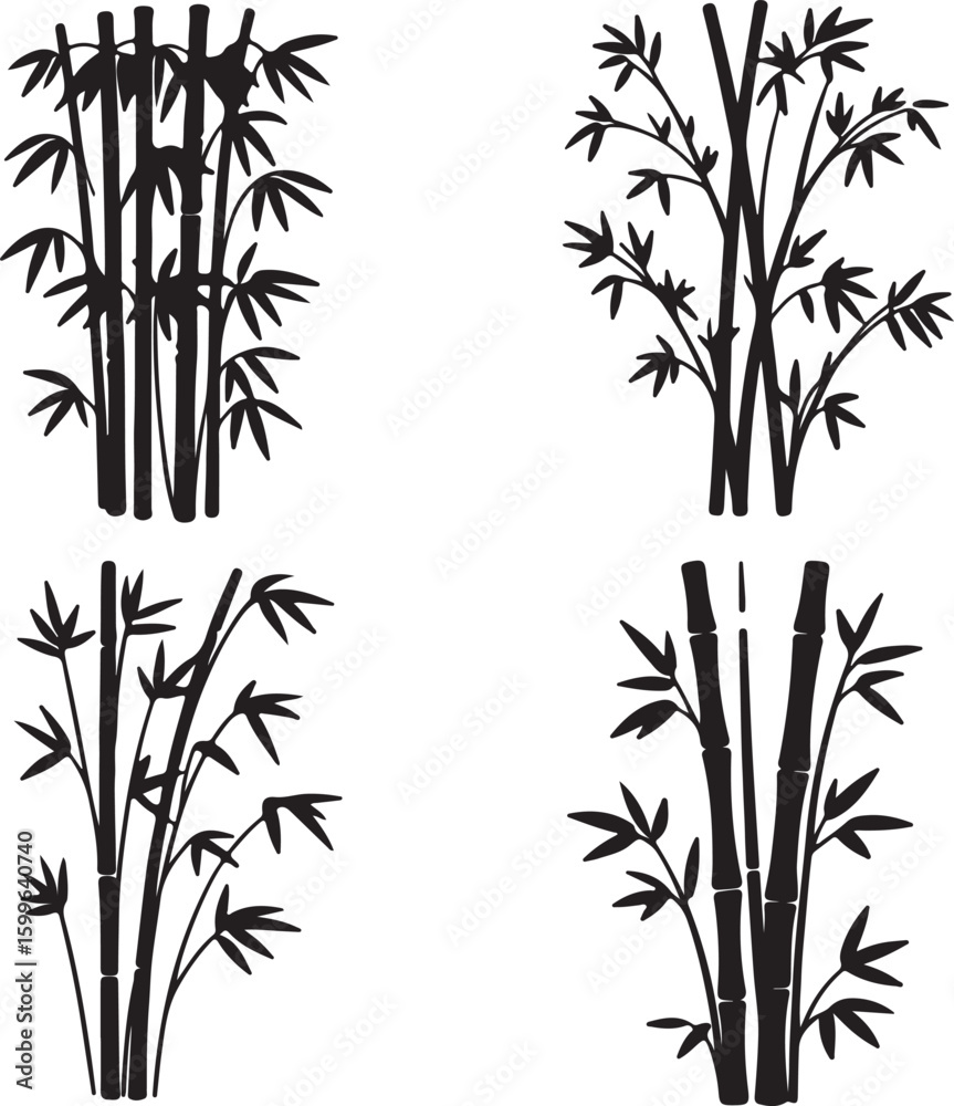 Obraz premium Black bamboo stalks with leaves silhouette