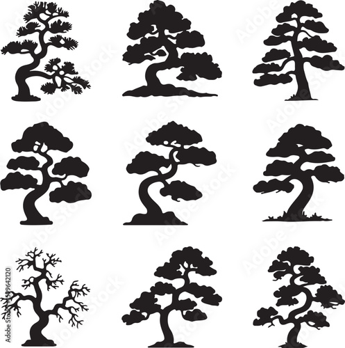 Black silhouette of stylized trees with curved trunks and bushy foliage bonsai