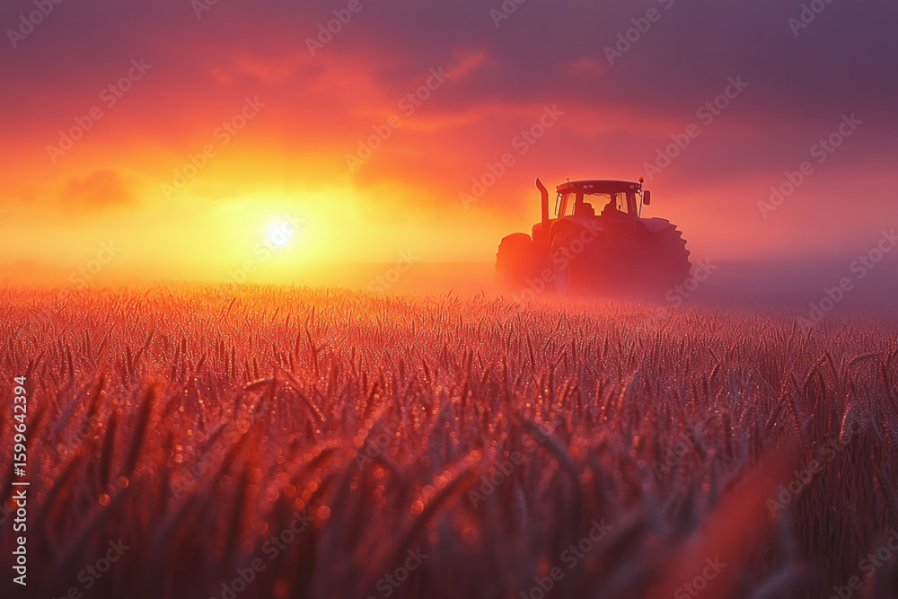 Fototapeta premium Tractor in field at sunset.