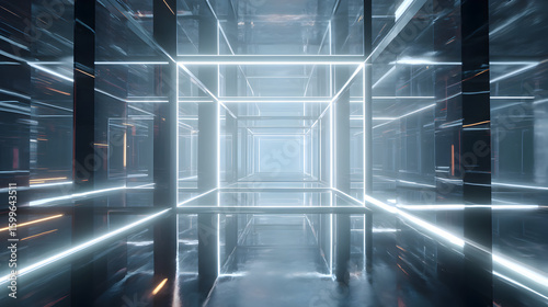 Abstract glowing cube structure interior creating a futuristic corridor with cool light effects and reflections in a clean geometric layout for modern themes or creative