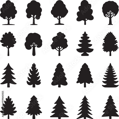 Diverse tree silhouettes featuring deciduous and coniferous shapes trees evergreen