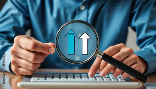 Businessman Analyzing Rising Costs with Magnifying Glass Over Arrows and Keyboard.