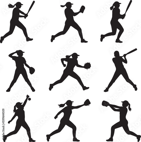 Female athletes playing baseball or softball in various action poses batting pitching