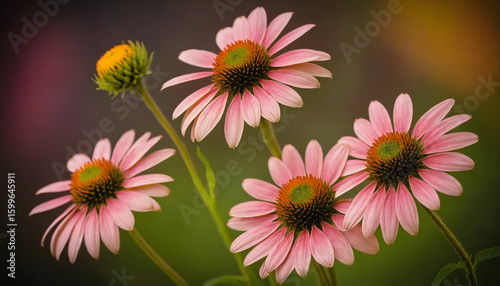 Close-Up of Pink Coneflowers (Echinacea) in Bloom with Green Natural Background.