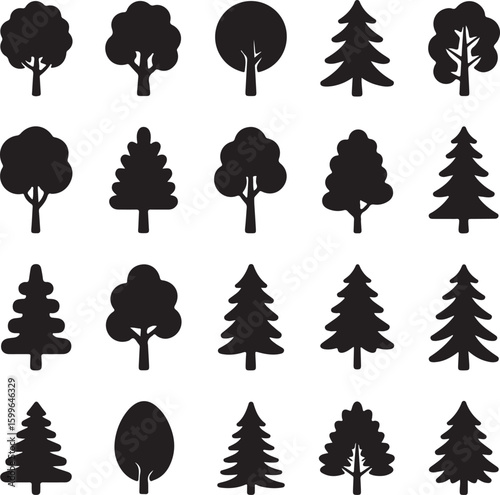 Various tree silhouettes including deciduous and coniferous shapes nature evergreen