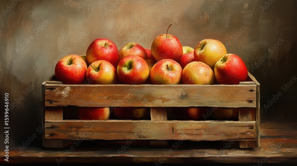 Fresh apples displayed in a rustic wooden crate in high detail Fresh apples displayed in a rustic wooden crate in high detail