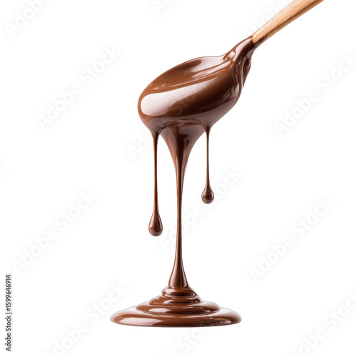 Rich chocolate syrup flowing from a wooden spoon, smooth texture, ideal for desserts or toppings, showcasing indulgence. Isolated on white background or PNG