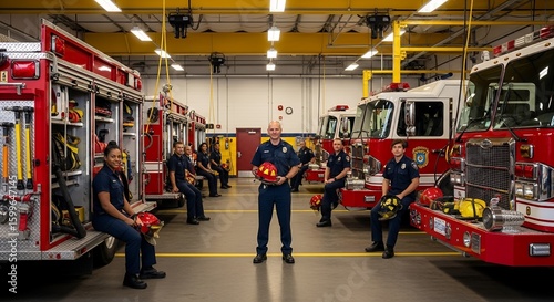 Team of firefighters in a fire station with fire trucks